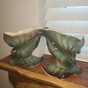 Vintage Shawnee MCM Green and Brown Ceramic Banana Leaf-Shaped Planters (2)